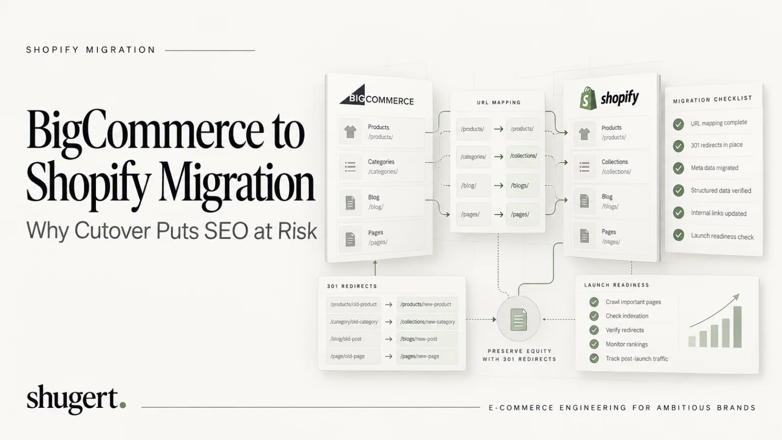 Editorial diagram mapping BigCommerce URLs and product data to Shopify with redirects and launch readiness checks.