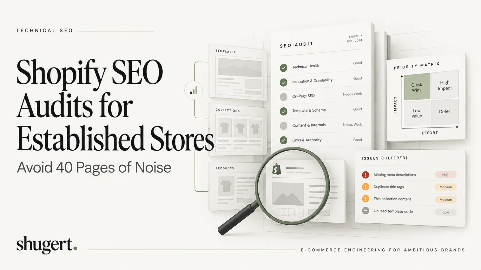 Illustrated Shopify technical SEO audit with page templates, crawl checks and a priority matrix.